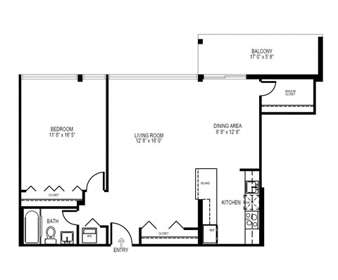 a floor plan of a 1 bedroom floor plan with an open floor plan and a
